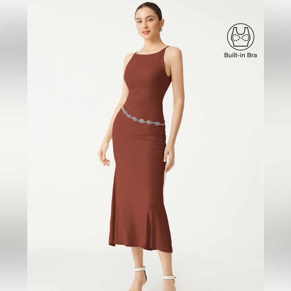OGL Rust Brown Midi Dress with Built-In Bra